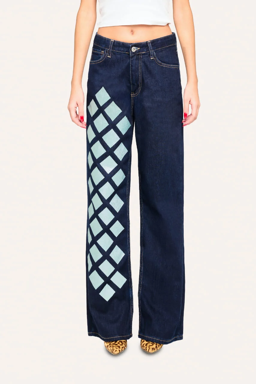 Altın Baklava Desenli Wide Leg Jean