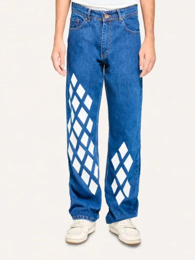 Beyaz Baklava Desenli Baggy Jean